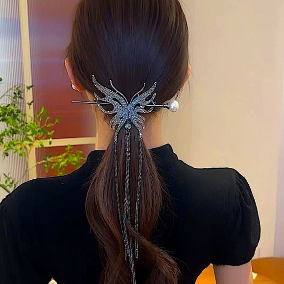 Rhinestone Gunmetal Butterfly Hair Stick Chopsticks Hair Accessory - Picture 4 of 6